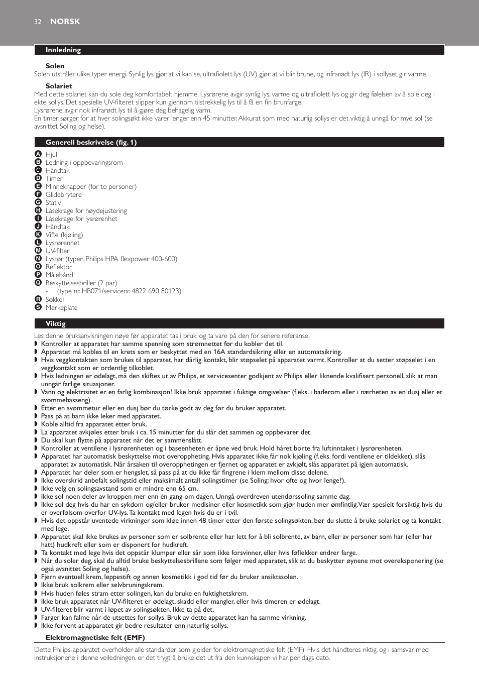 Solen, Solariet, Norsk | Innledning, Generell beskrivelse﻿ (fig. 1), Viktig, Elektromagnetiske felt (emf) | Philips Suncare HB823 User Manual | Page 32 / 52