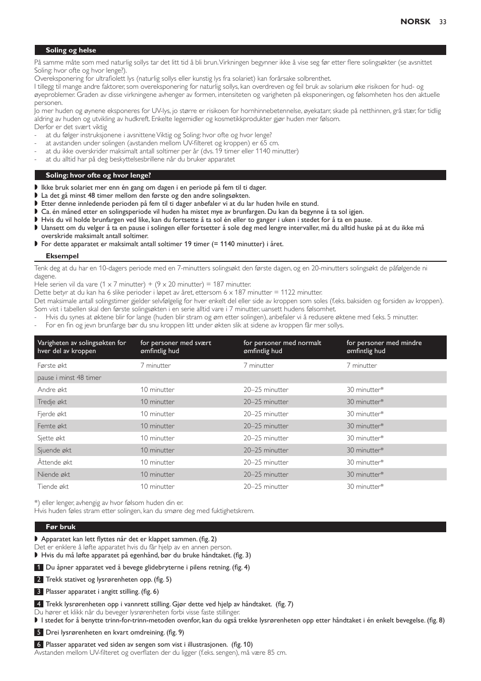 Soling og helse, Soling: hvor ofte og hvor lenge, Eksempel | Før bruk | Philips Suncare HB823 User Manual | Page 33 / 52