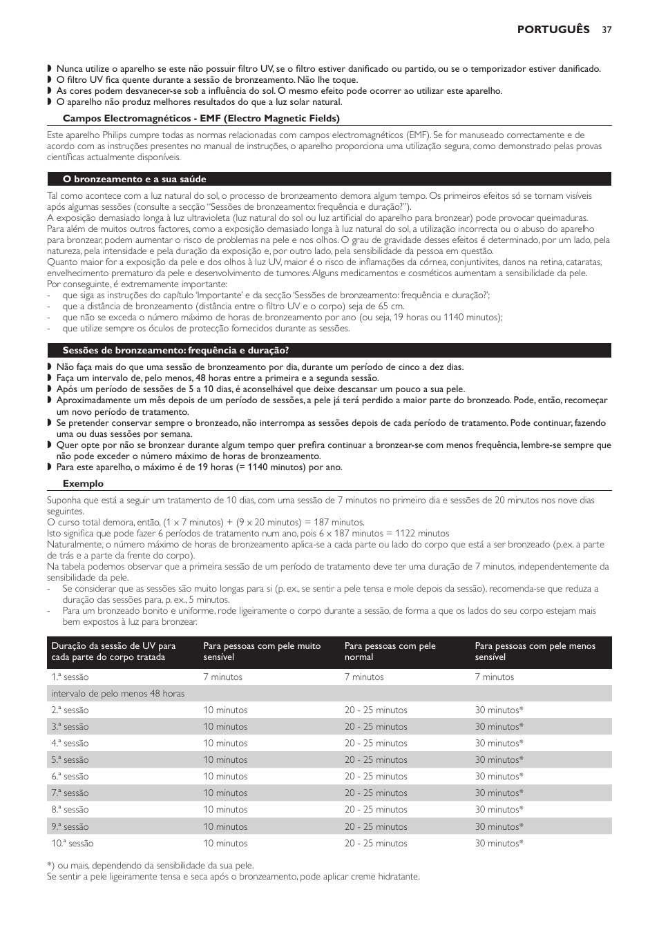 O bronzeamento e a sua saúde, Sessões de bronzeamento: frequência e duração, Exemplo | Philips Suncare HB823 User Manual | Page 37 / 52