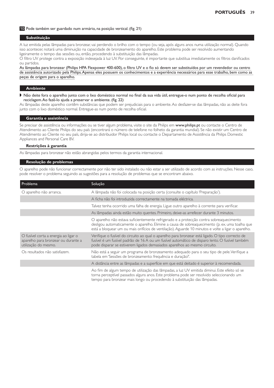 Substituição, Ambiente, Garantia e assistência | Restrições à garantia, Resolução de problemas | Philips Suncare HB823 User Manual | Page 39 / 52