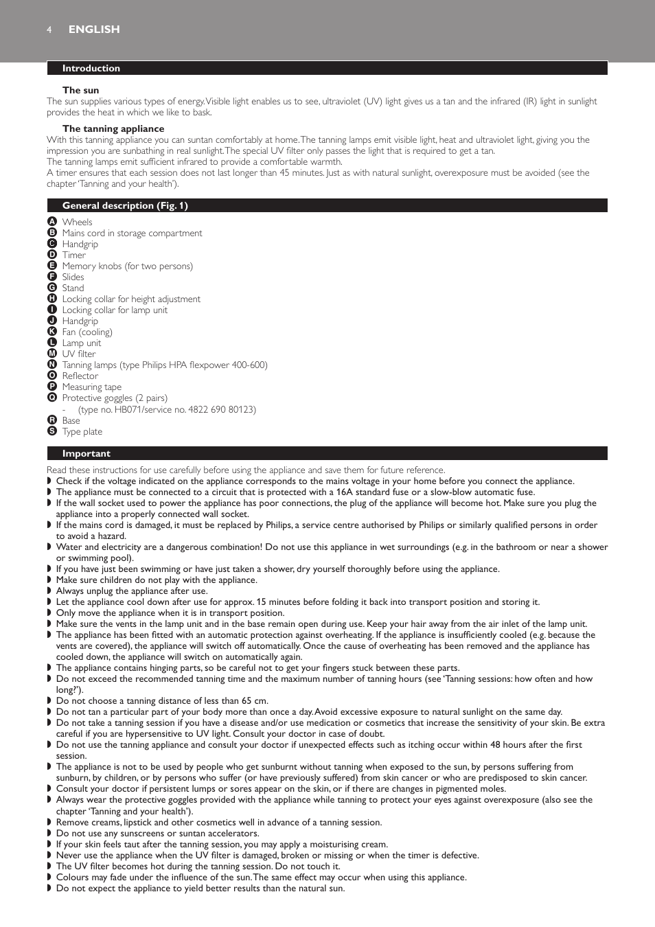 English, Introduction, The sun | The tanning appliance, General description﻿ (fig. 1), Important | Philips Suncare HB823 User Manual | Page 4 / 52