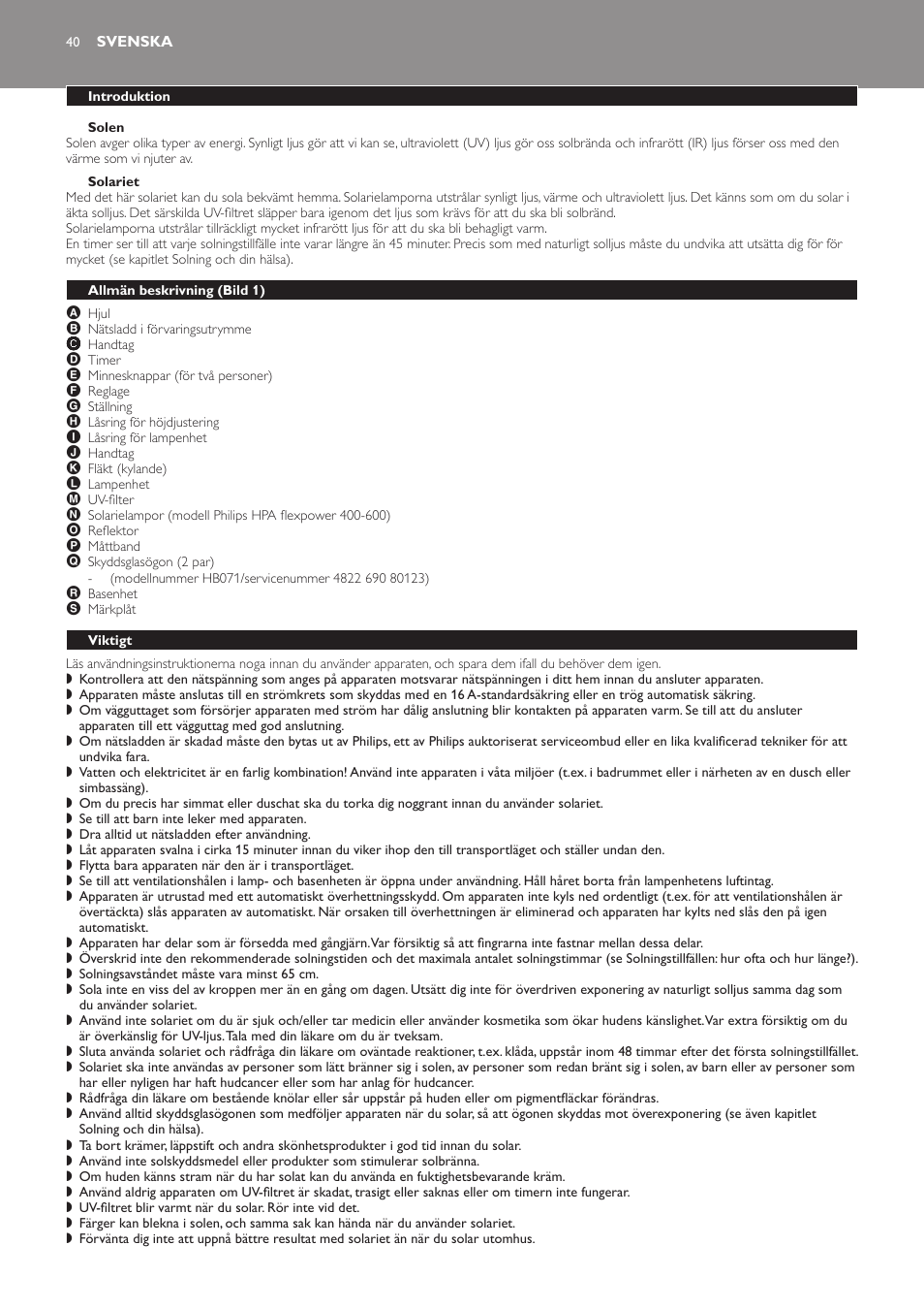 Solen, Solariet, Svenska | Introduktion, Allmän beskrivning﻿ (bild 1), Viktigt | Philips Suncare HB823 User Manual | Page 40 / 52