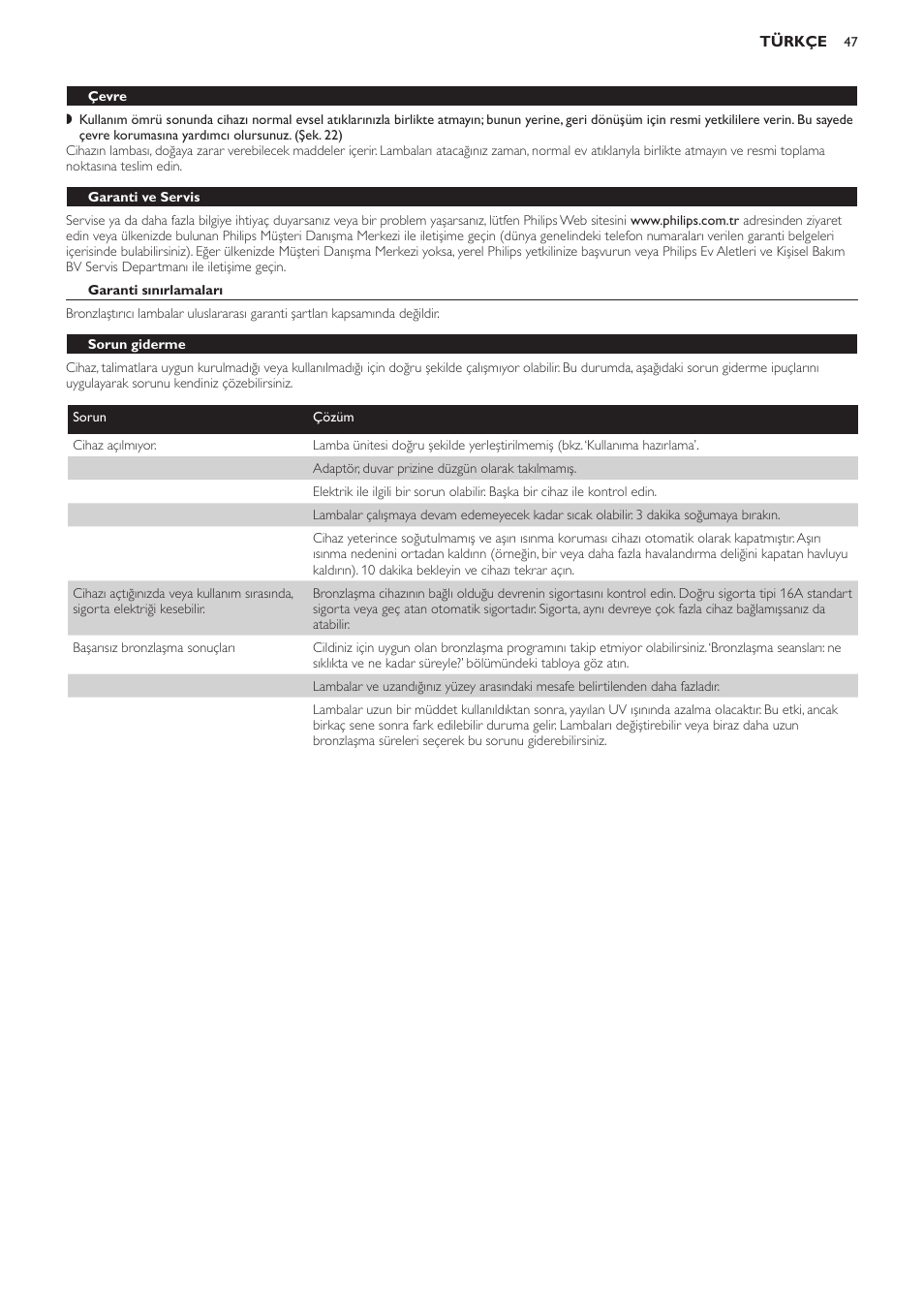 Çevre, Garanti ve servis, Garanti sınırlamaları | Sorun giderme | Philips Suncare HB823 User Manual | Page 47 / 52