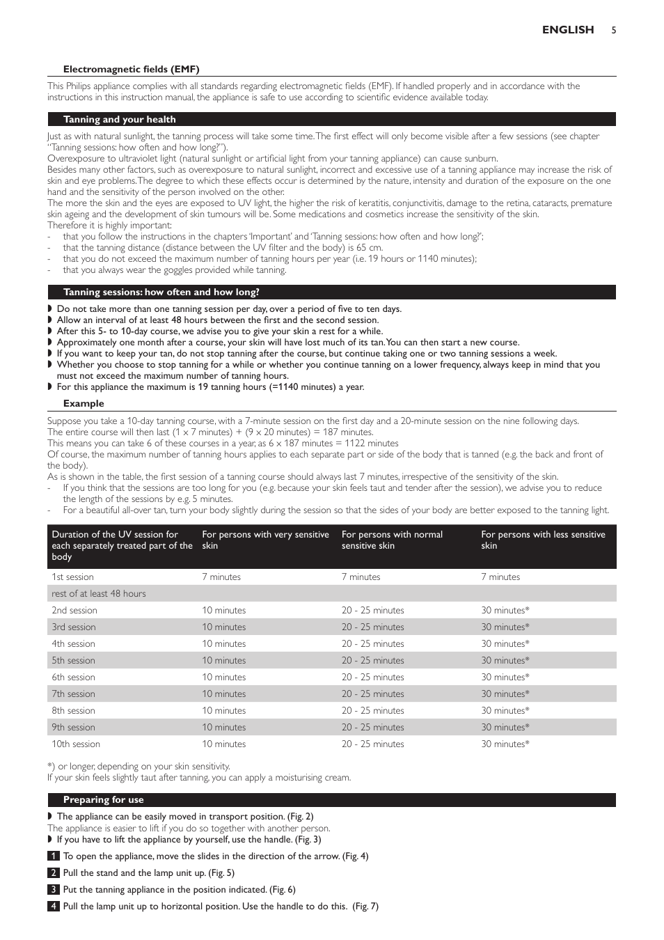 Electromagnetic fields (emf), Tanning and your health, Tanning sessions: how often and how long | Example, Preparing for use | Philips Suncare HB823 User Manual | Page 5 / 52