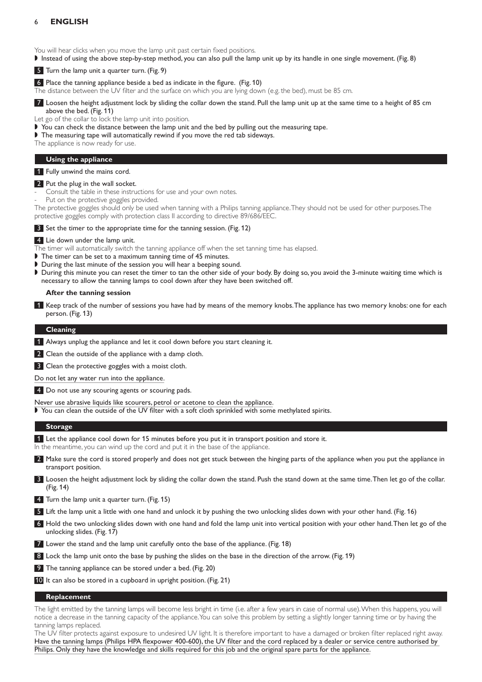 After the tanning session, Using the appliance, Cleaning | Storage, Replacement | Philips Suncare HB823 User Manual | Page 6 / 52