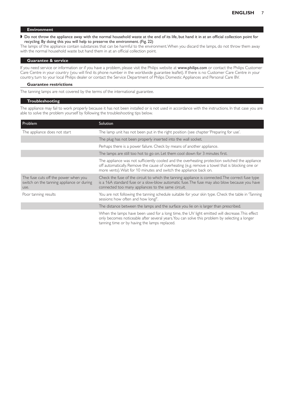 Environment, Guarantee & service, Guarantee restrictions | Troubleshooting | Philips Suncare HB823 User Manual | Page 7 / 52