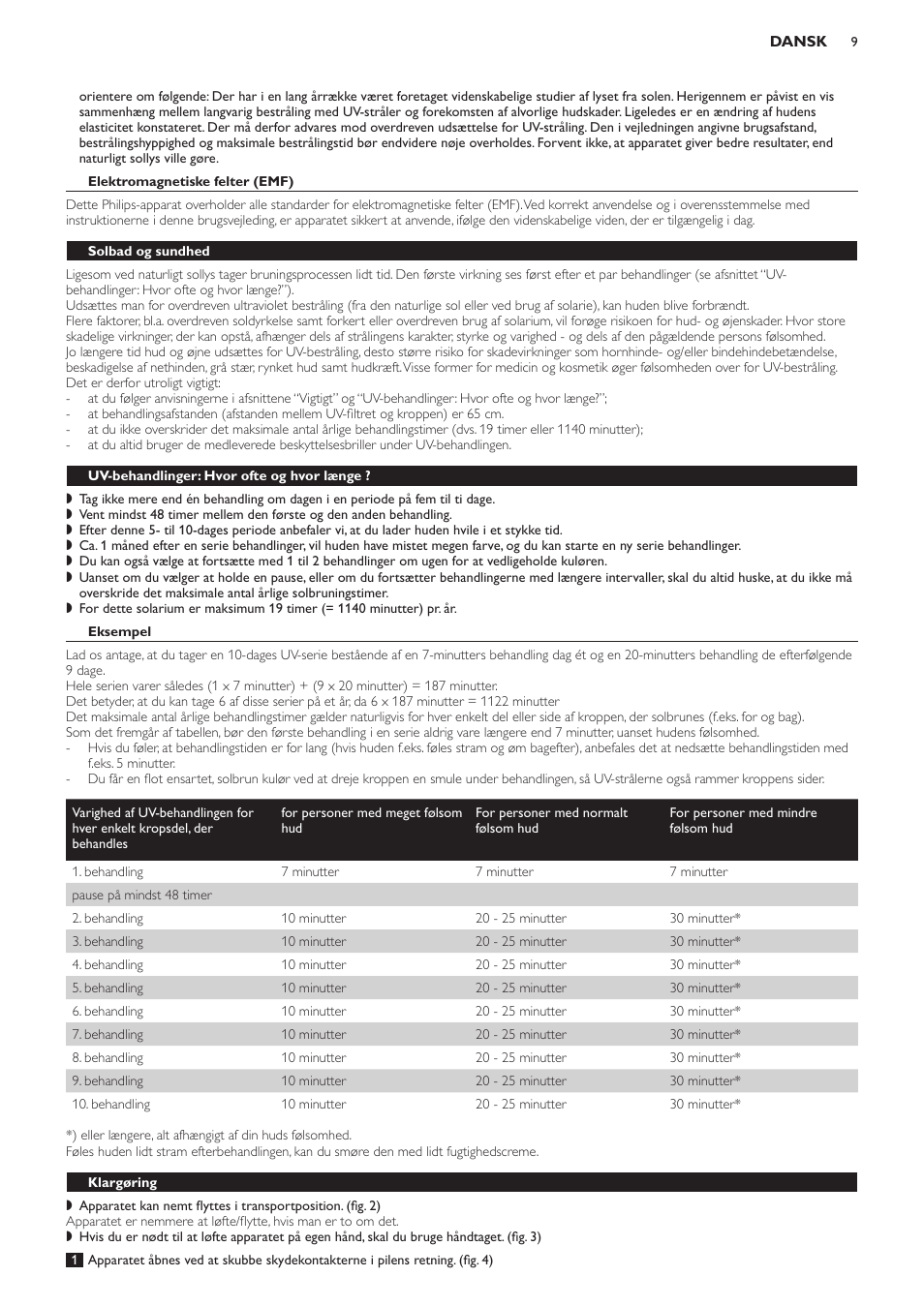 Elektromagnetiske felter (emf), Solbad og sundhed, Uv-behandlinger: hvor ofte og hvor længe | Eksempel, Klargøring | Philips Suncare HB823 User Manual | Page 9 / 52