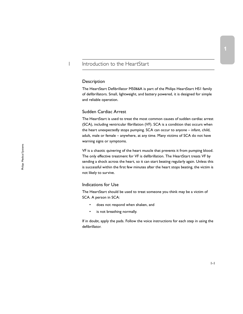 1introduction to the heartstart, Description, Sudden cardiac arrest | Indications for use | Philips M5066A User Manual | Page 13 / 70