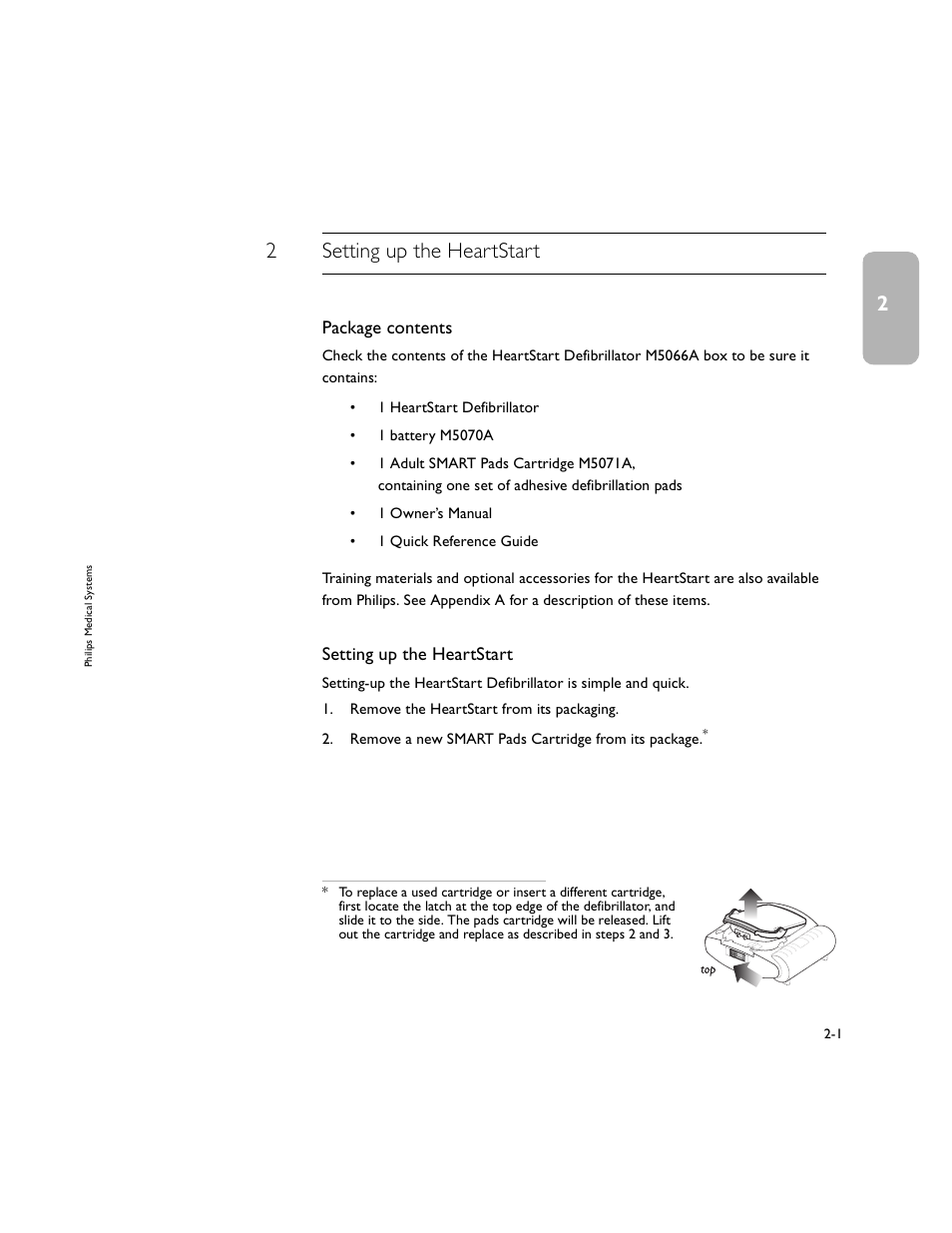 2setting up the heartstart, Package contents, Setting up the heartstart | Philips M5066A User Manual | Page 15 / 70