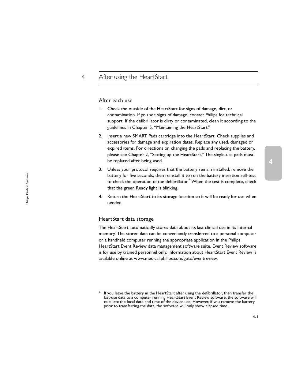 4after using the heartstart, After each use, Heartstart data storage | Philips M5066A User Manual | Page 27 / 70