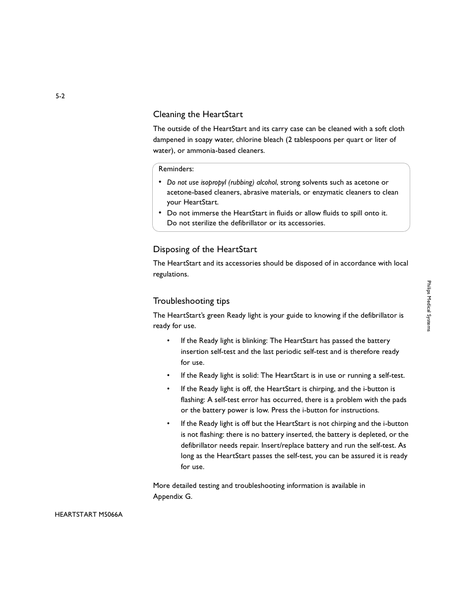 Cleaning the heartstart, Disposing of the heartstart, Troubleshooting tips | Philips M5066A User Manual | Page 30 / 70