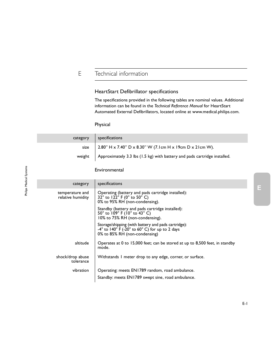 Etechnical information, Heartstart defibrillator specifications | Philips M5066A User Manual | Page 43 / 70