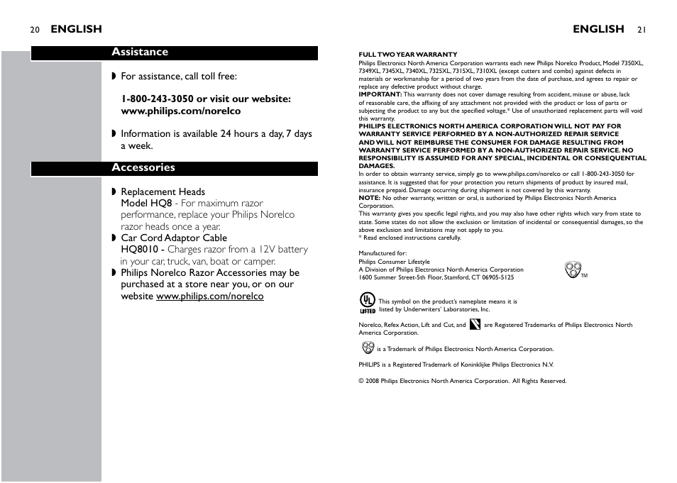 Assistance, Accessories | Philips 7349XL User Manual | Page 11 / 11