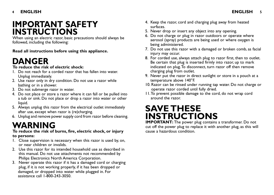 Important safety instructions, Danger, Warning | Save these instructions | Philips 7349XL User Manual | Page 3 / 11