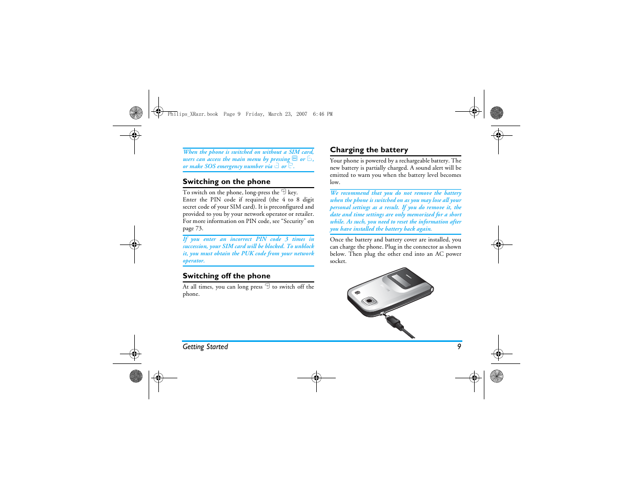 Switching on the phone, Switching off the phone, Charging the battery | Philips CT9A9R User Manual | Page 10 / 93
