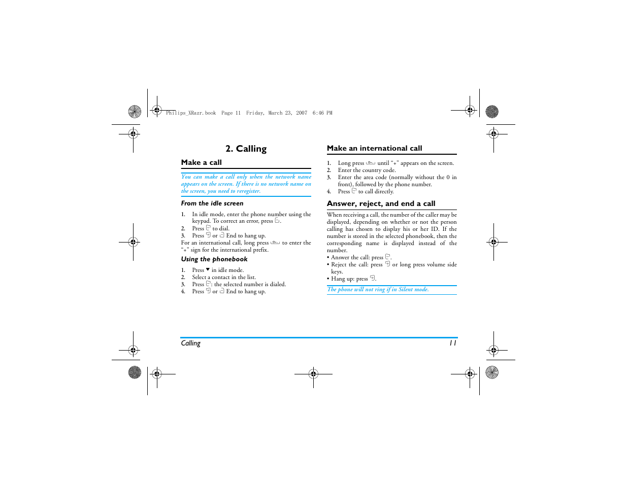 Calling, Make a call, Make an international call | Answer, reject, and end a call | Philips CT9A9R User Manual | Page 12 / 93