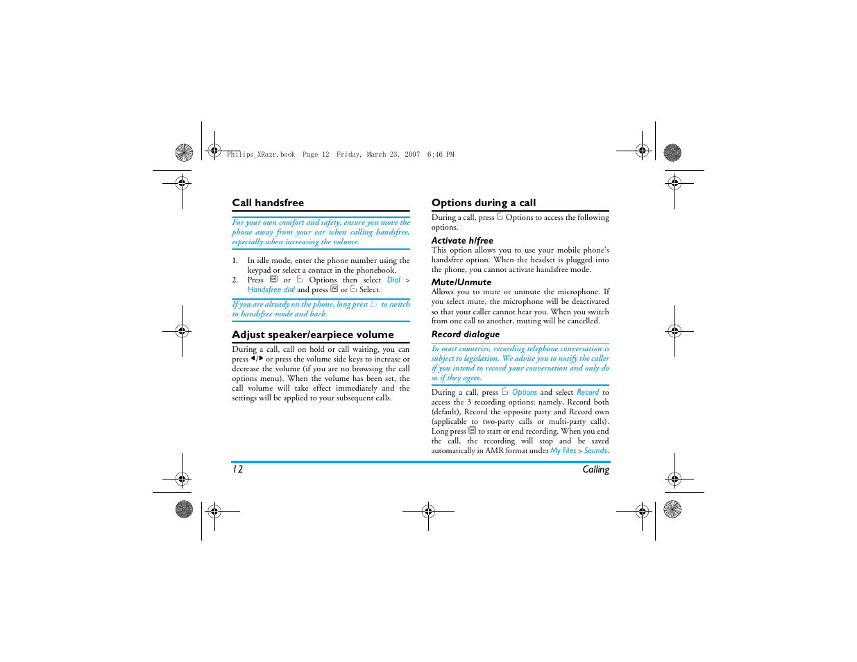 Call handsfree, Adjust speaker/earpiece volume, Options during a call | Philips CT9A9R User Manual | Page 13 / 93