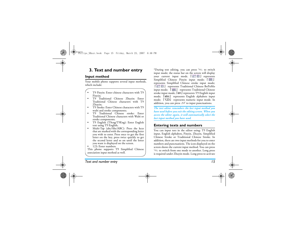 Text and number entry, Input method, Entering texts and numbers | Philips CT9A9R User Manual | Page 16 / 93