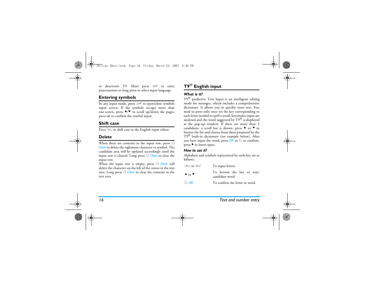 Entering symbols, Shift case, Delete | T9® english input | Philips CT9A9R User Manual | Page 17 / 93