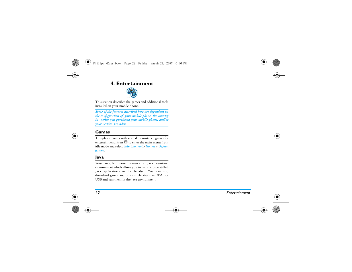 Entertainment, Games, Java | Philips CT9A9R User Manual | Page 23 / 93