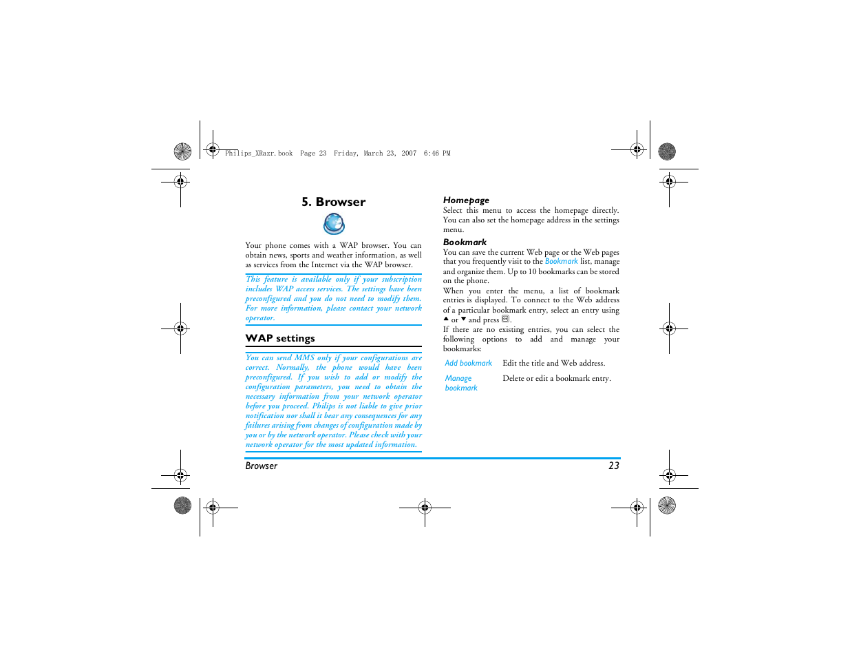Browser, Wap settings | Philips CT9A9R User Manual | Page 24 / 93