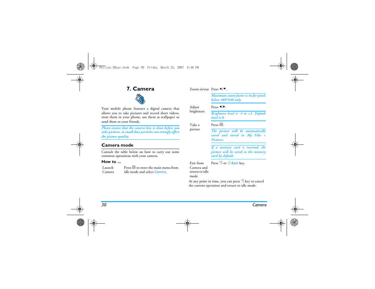 Camera, Camera mode | Philips CT9A9R User Manual | Page 31 / 93