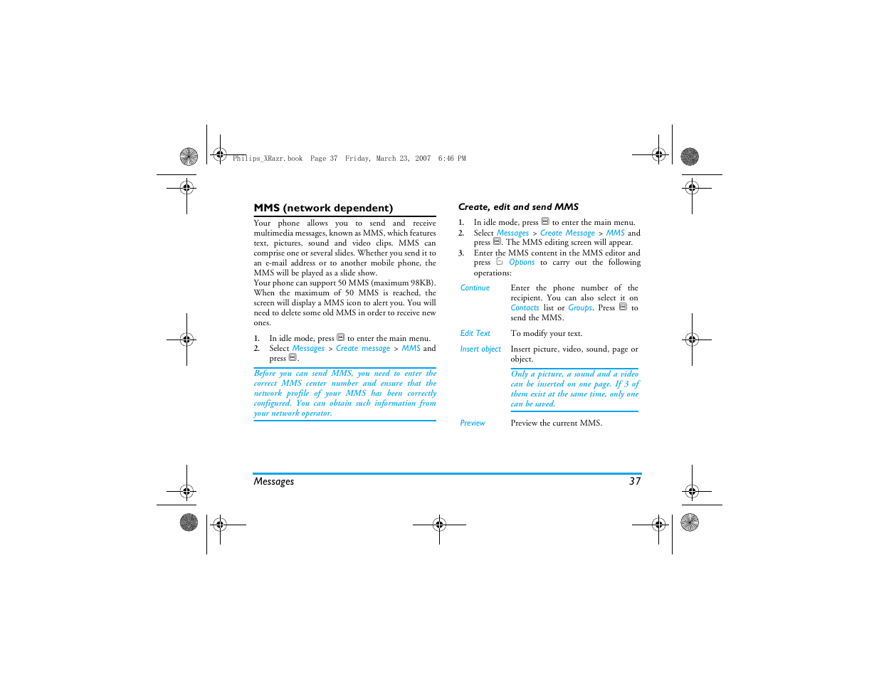 Mms (network dependent) | Philips CT9A9R User Manual | Page 38 / 93