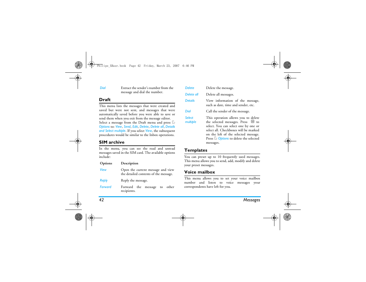 Draft, Sim archive, Templates | Voice mailbox | Philips CT9A9R User Manual | Page 43 / 93