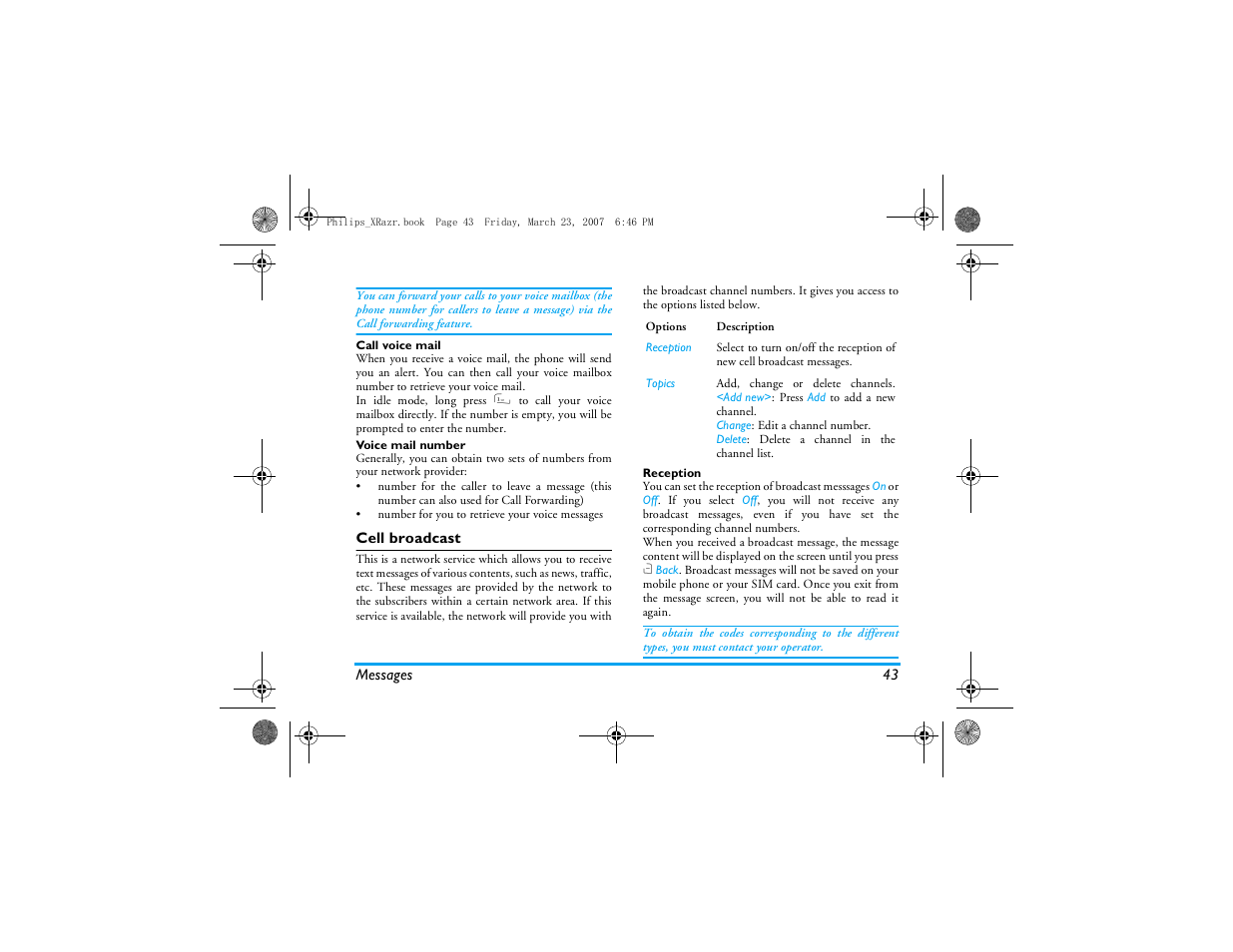 Cell broadcast | Philips CT9A9R User Manual | Page 44 / 93