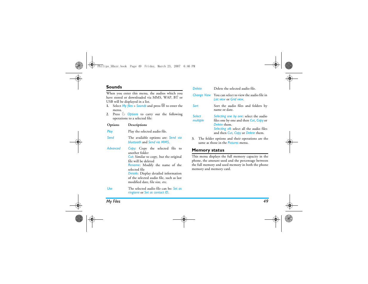 Sounds, Memory status | Philips CT9A9R User Manual | Page 50 / 93