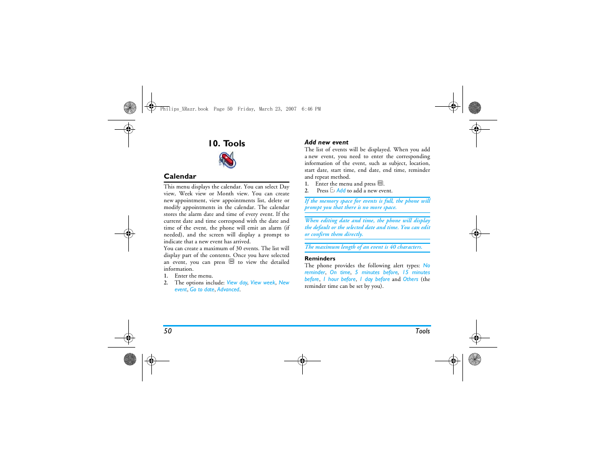 Tools, Calendar | Philips CT9A9R User Manual | Page 51 / 93