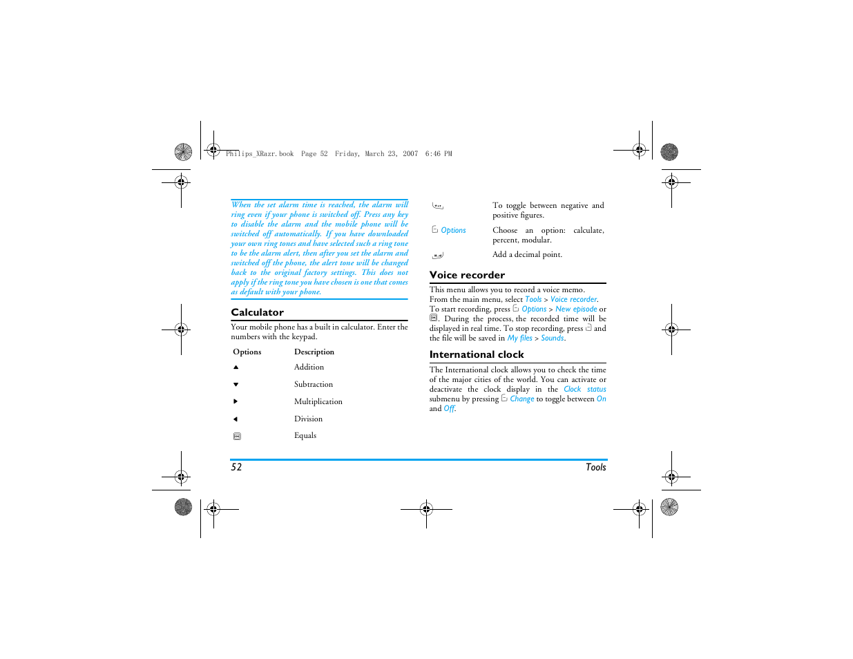 Calculator, Voice recorder, International clock | Philips CT9A9R User Manual | Page 53 / 93