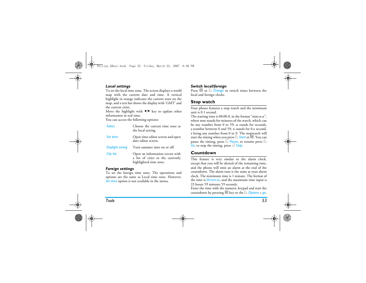 Stop watch, Countdown | Philips CT9A9R User Manual | Page 54 / 93