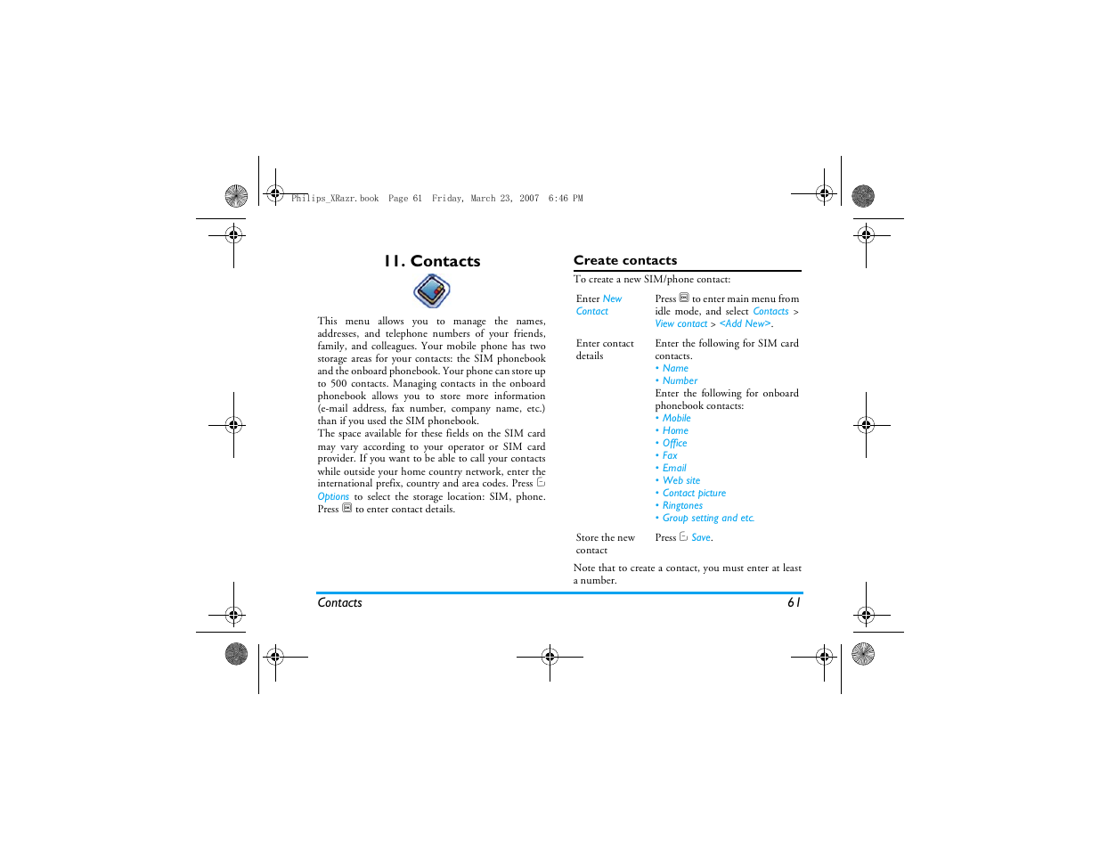 Contacts, Create contacts | Philips CT9A9R User Manual | Page 62 / 93
