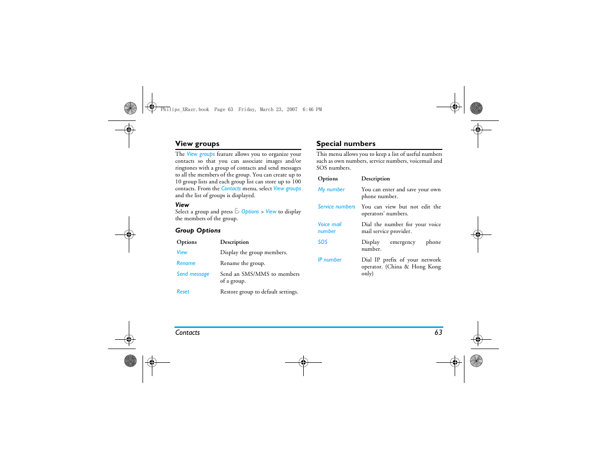 View groups, Special numbers | Philips CT9A9R User Manual | Page 64 / 93