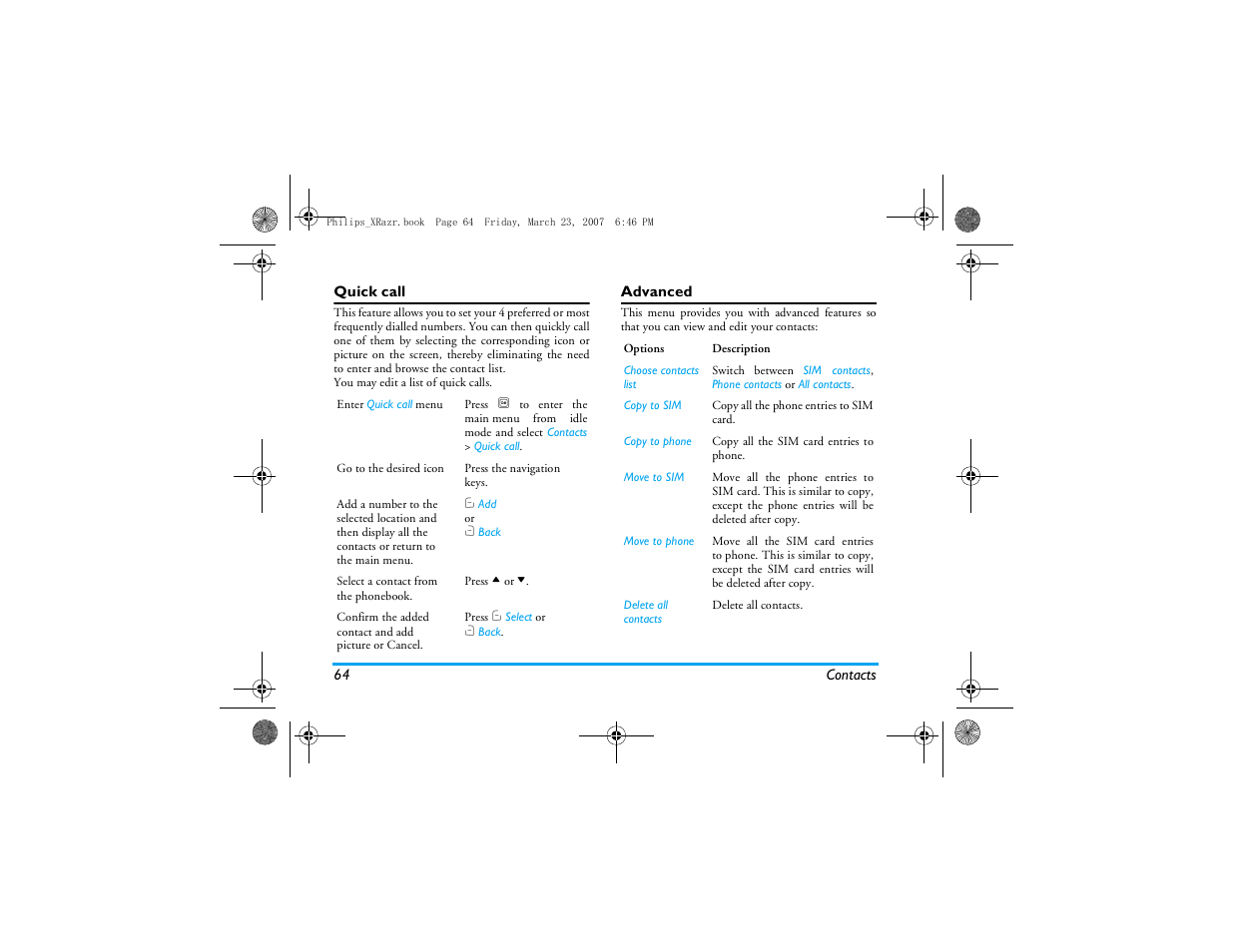 Quick call, Advanced | Philips CT9A9R User Manual | Page 65 / 93