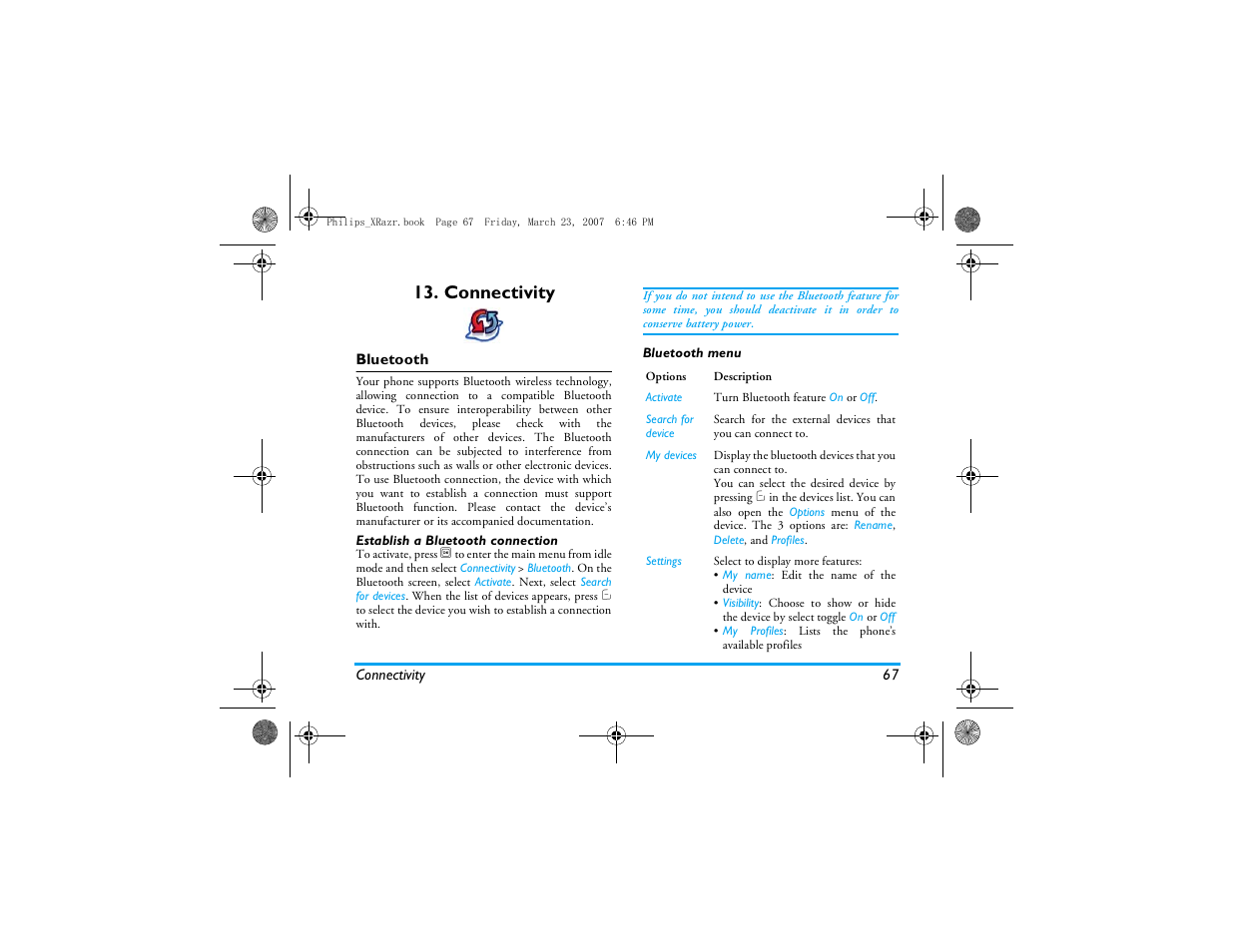 Connectivity, Bluetooth | Philips CT9A9R User Manual | Page 68 / 93