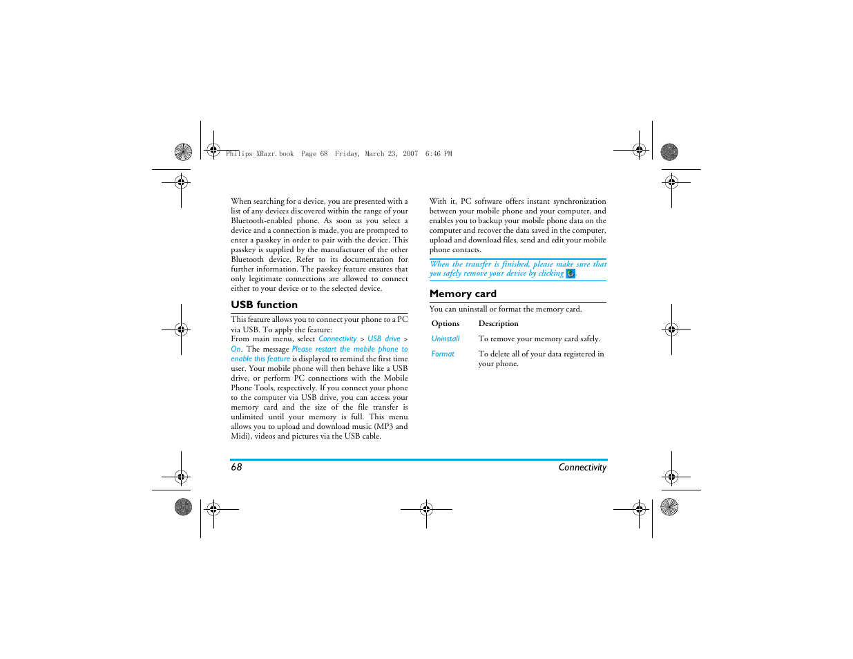 Usb function, Memory card | Philips CT9A9R User Manual | Page 69 / 93