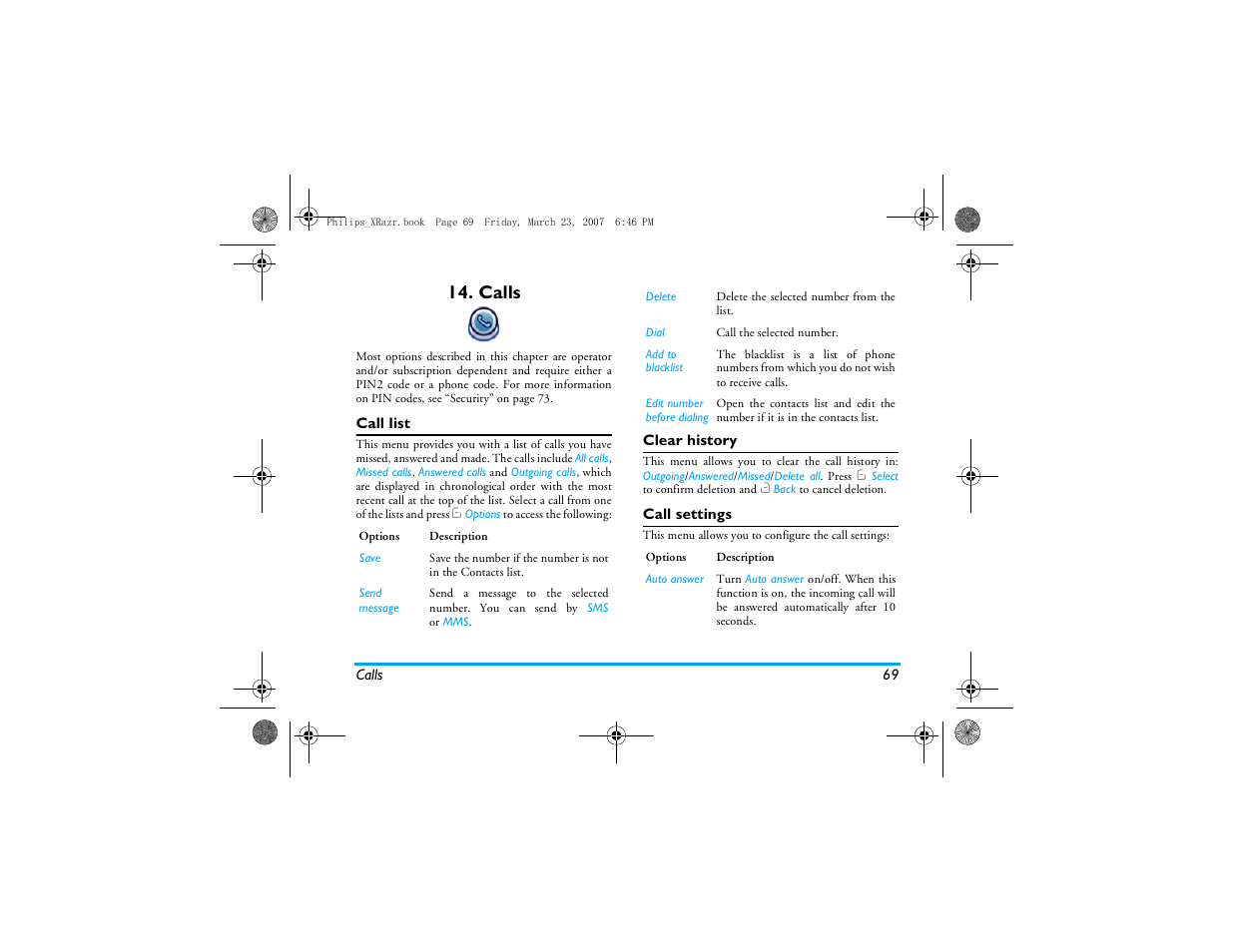 Calls, Call list, Clear history | Call settings | Philips CT9A9R User Manual | Page 70 / 93