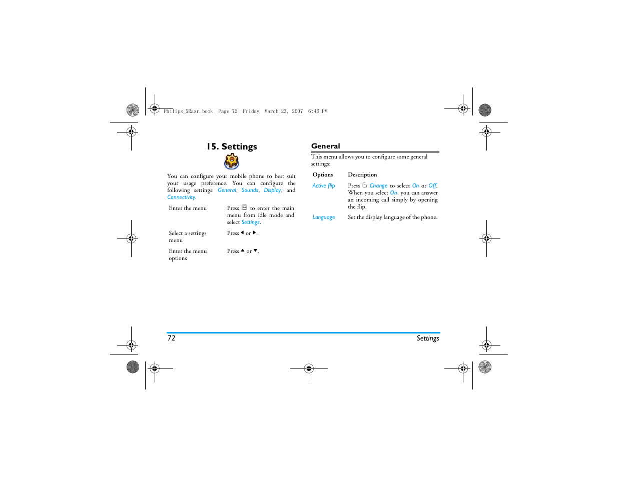 Settings, General | Philips CT9A9R User Manual | Page 73 / 93