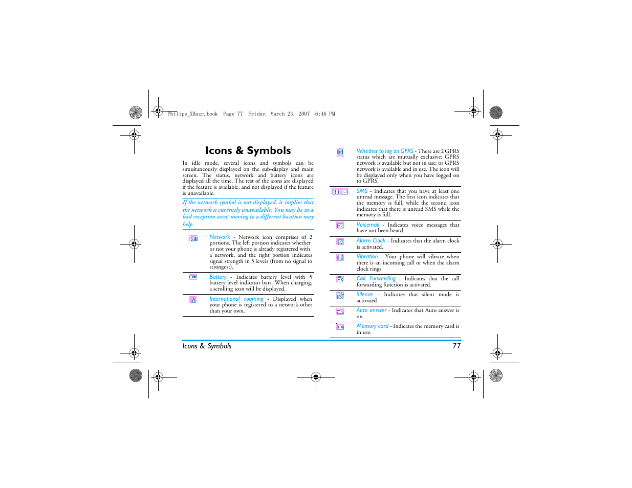 Icons & symbols | Philips CT9A9R User Manual | Page 78 / 93