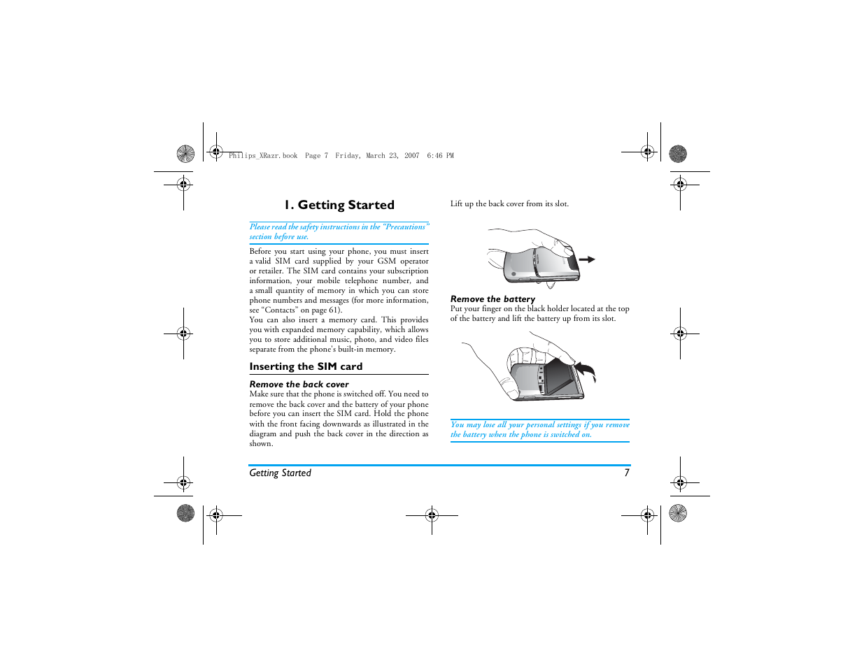Getting started, Inserting the sim card | Philips CT9A9R User Manual | Page 8 / 93