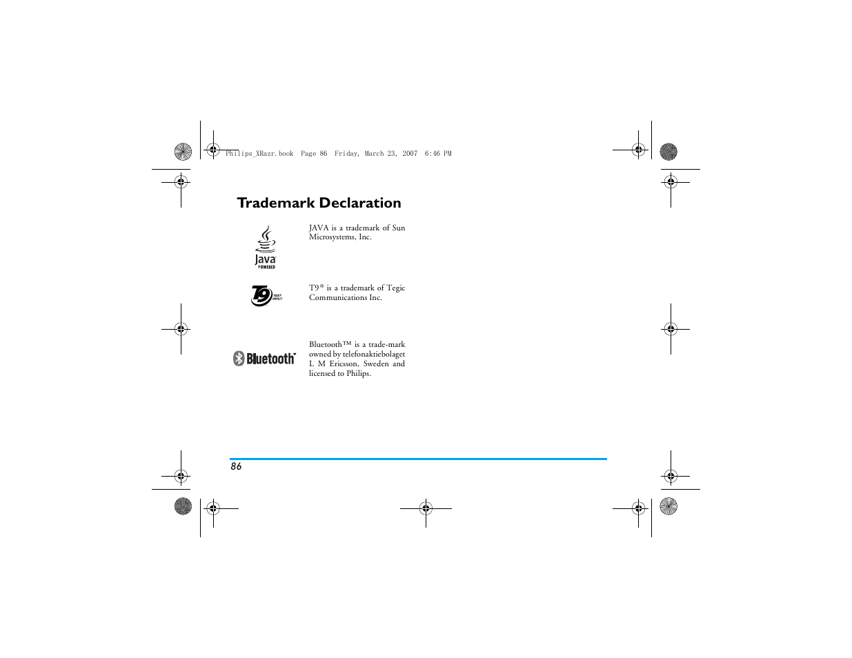 Trademark declaration | Philips CT9A9R User Manual | Page 87 / 93