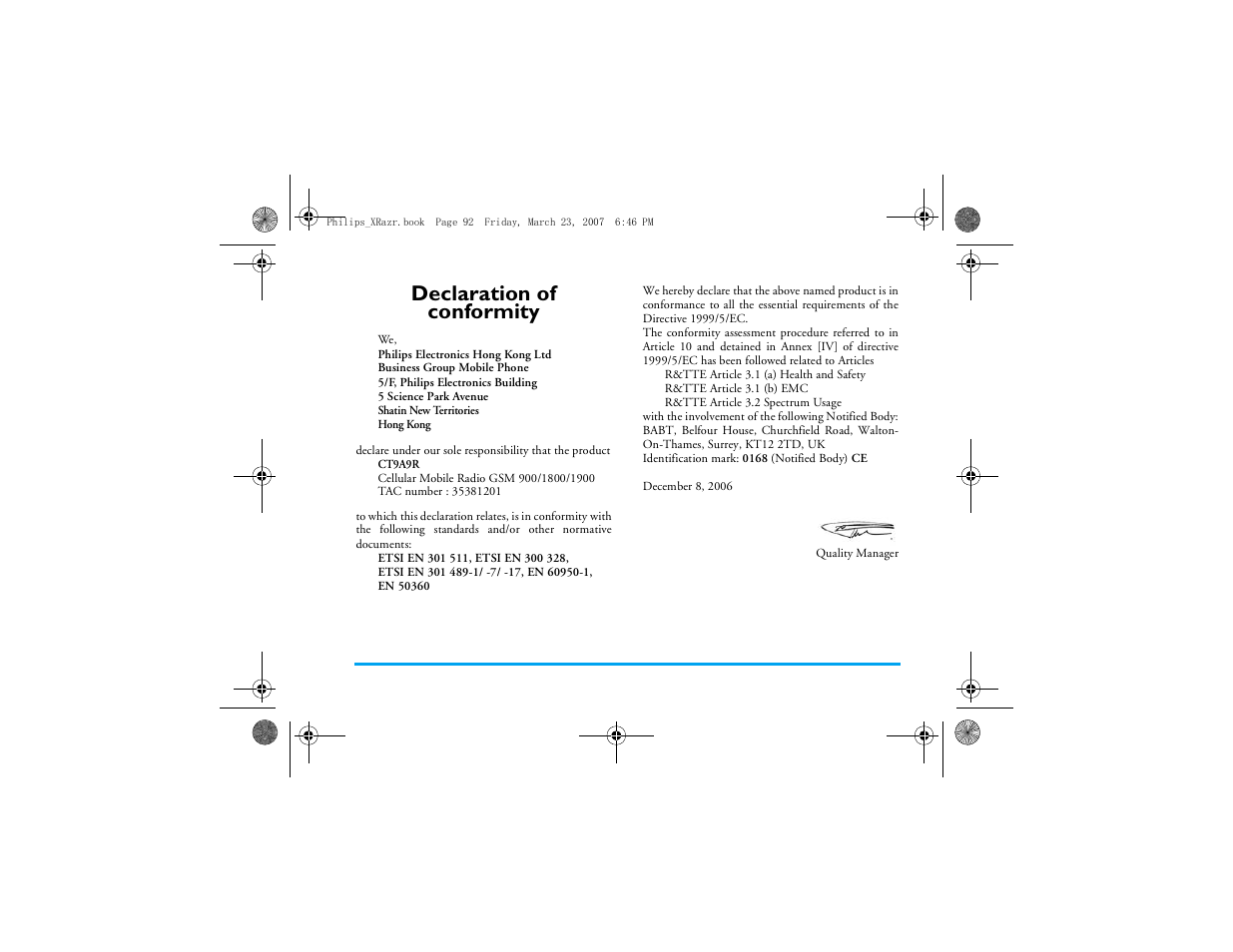 Declaration of conformity | Philips CT9A9R User Manual | Page 93 / 93