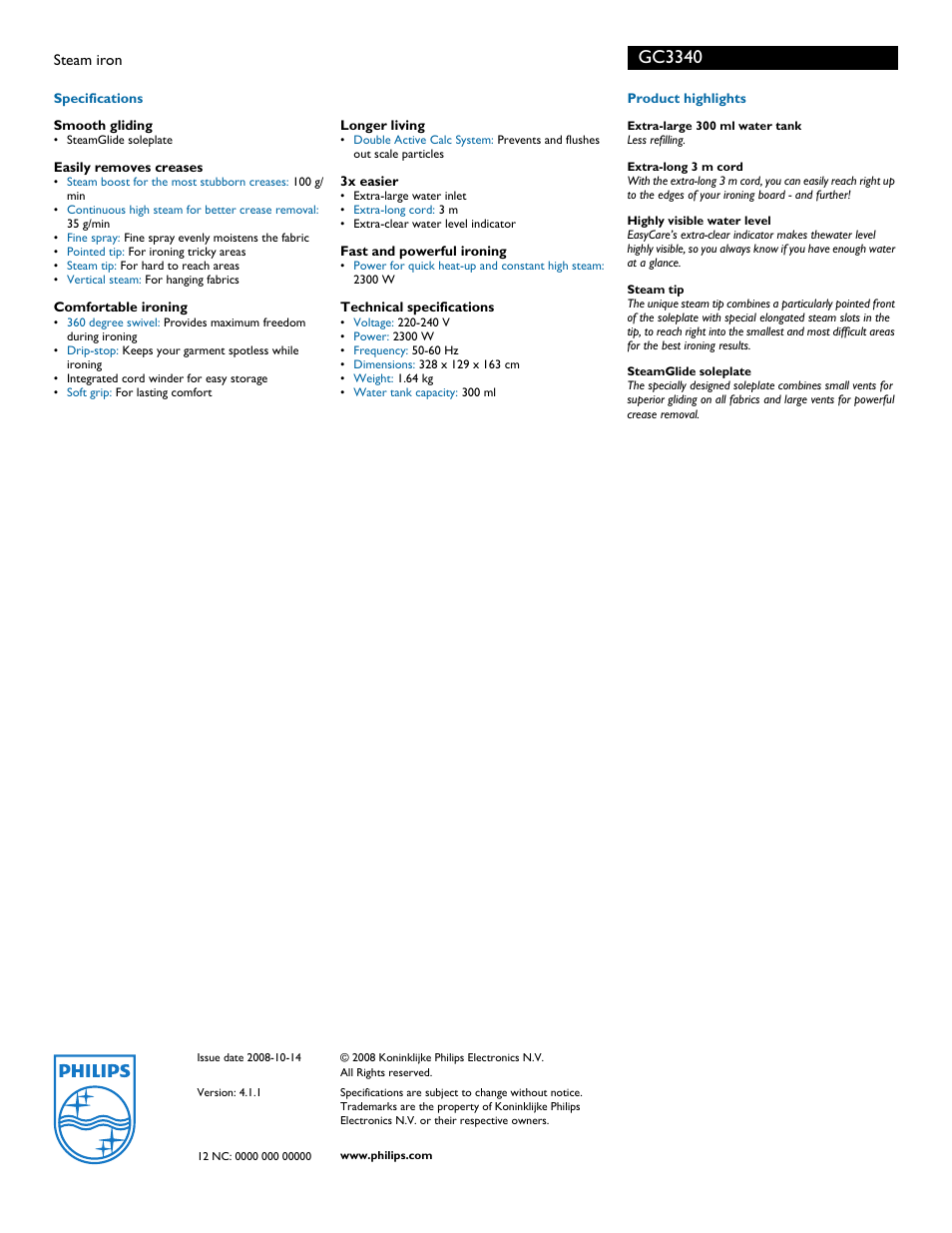 Gc3340, Philips | Philips GC3340 User Manual | Page 2 / 2
