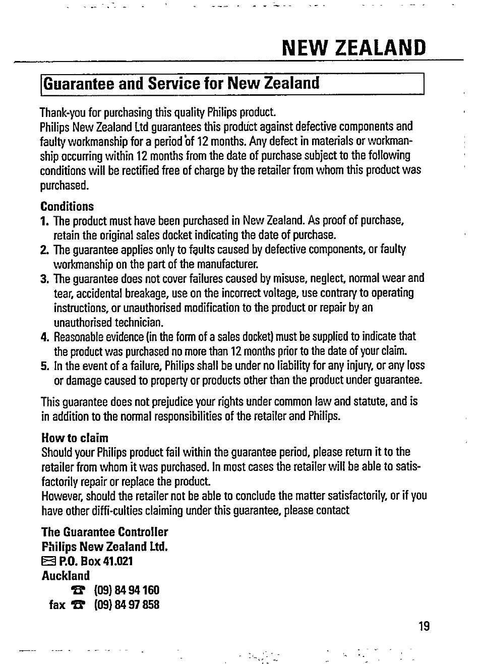 Guarantee and service for new zealand, New zealand | Philips AZ 7466 User Manual | Page 19 / 20