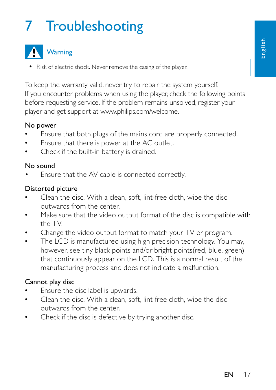 7 troubleshooting | Philips PD7010 User Manual | Page 16 / 18