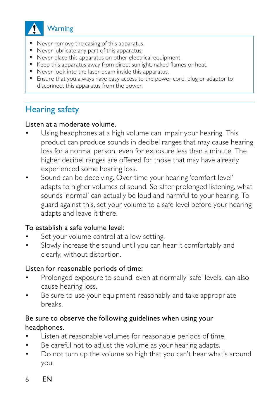 Hearing safety | Philips PD7010 User Manual | Page 5 / 18