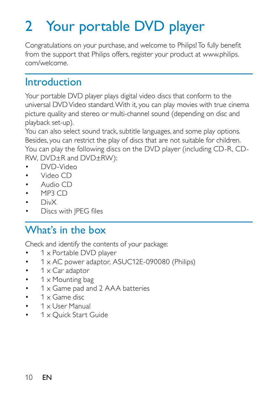 2 your portable dvd player, Introduction, What’s in the box | Your portable dvd player, Introduction 10 what’s in the box | Philips PD7010 User Manual | Page 9 / 18