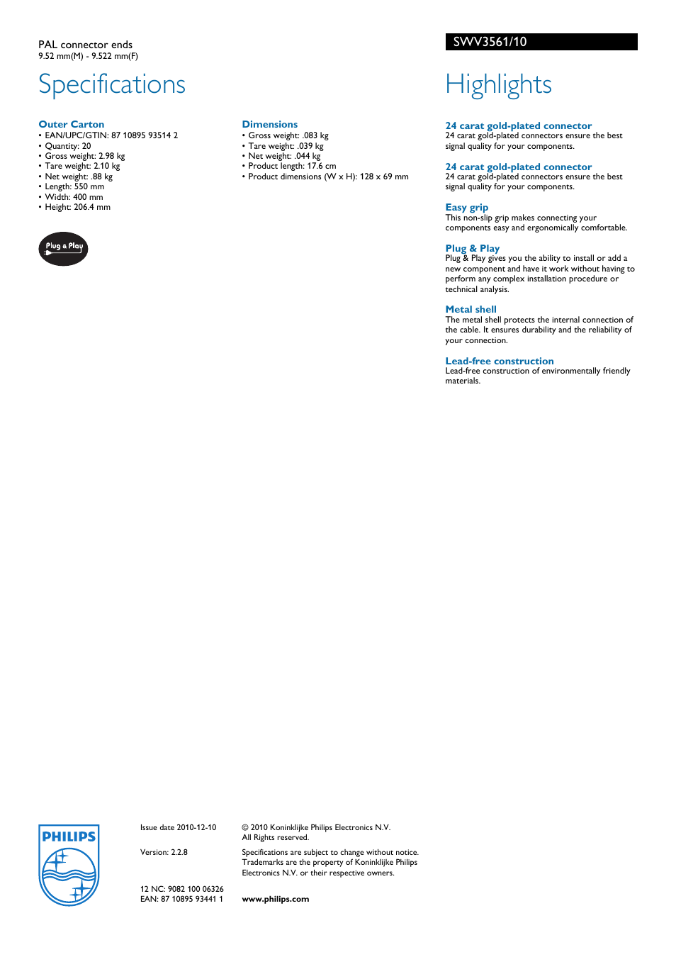 Specifications, Highlights | Philips PAL SWV3561/10 User Manual | Page 2 / 2